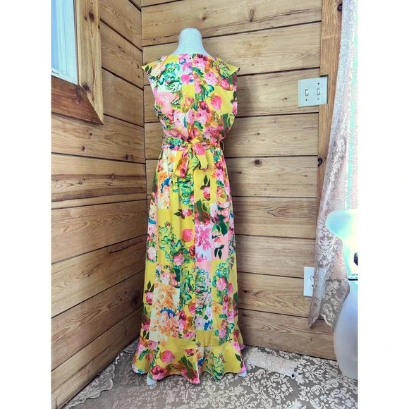 Cleo Yellow Floral Ruffle Hem Maxi Dress Sleeveless Tie Waist XS - Picture 7 of 12